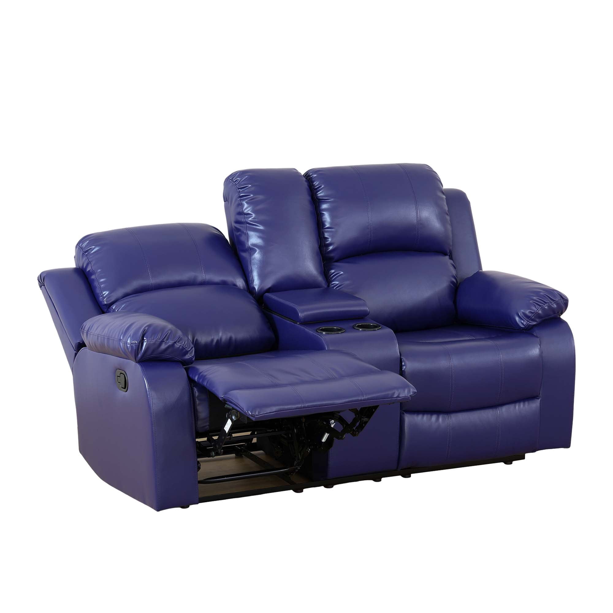 Aukfa Double Manual Recliner Chair, Overstuffed Loveseat w/ Cupholders,Leather, Blue