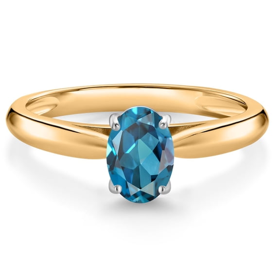 Gem Stone King 10K Yellow Gold London Blue Topaz Solitaire Engagement Ring for Women (1.00 Cttw, Oval 7X5MM, Gemstone November Birthstone, Size 8)