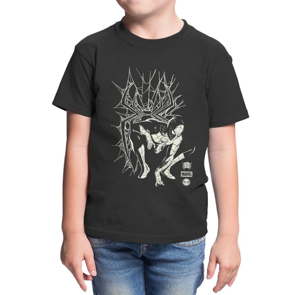 Marvel Spider-Man Brand New Day Youth Web Crouch Sketch T-Shirt (Black, XS-XL)