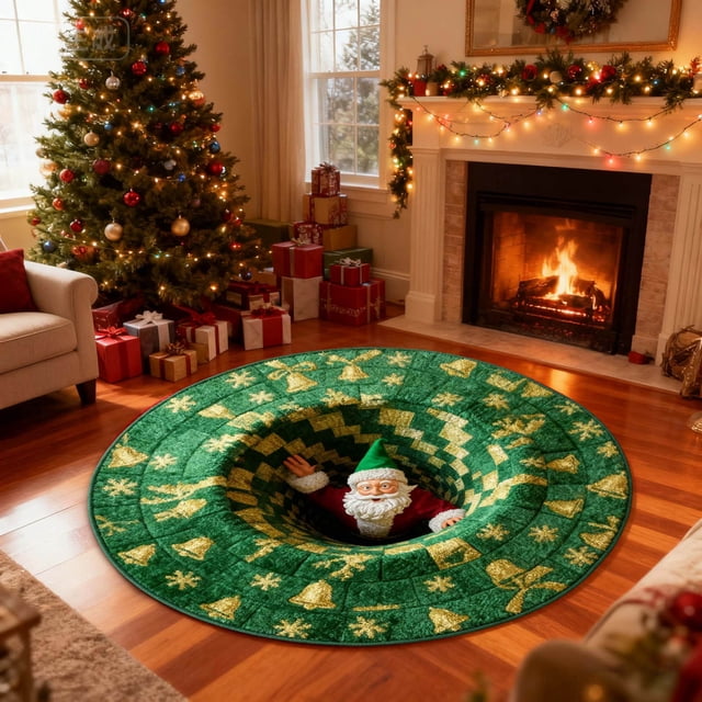 uhnmki Christmas 3D Rug – Christmas Optical I Llusion Rugs Decorative Rug with Depth Pattern Theme Santa C Laus Quilted Round Durable Fabric Gi Ft for Home Parties