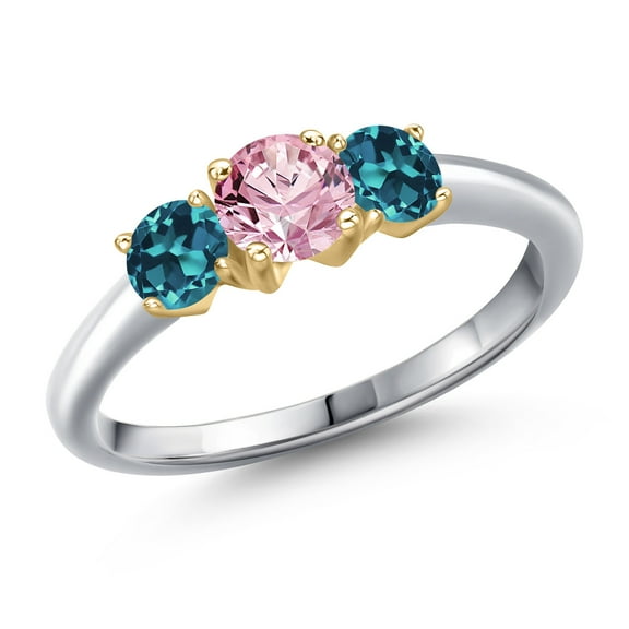 Gem Stone King 10K Two Tone Gold Pink Lab Grown Diamond and London Blue Topaz Engagement Ring for Women | 1.16 Cttw | Round 5MM | Gemstone April Birthstone | Size 9