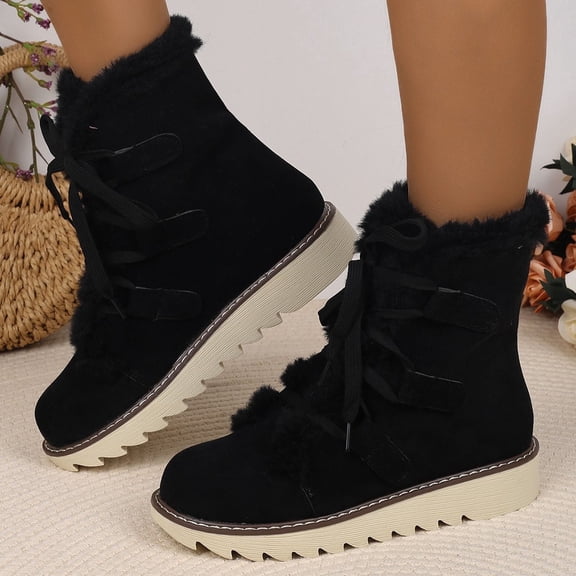 JUSLIO Womens Boots,Lace Up Round Toe Mid Calf Boots Comfort Solid Color Snow Boots for Women,Boots for Women,