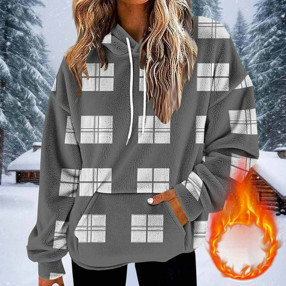 AUNVITO Women's Fleece Loose Fit Hoodie with Pockets Checkered Print Drop Shoulder Long Sleeve Casual Streetwear