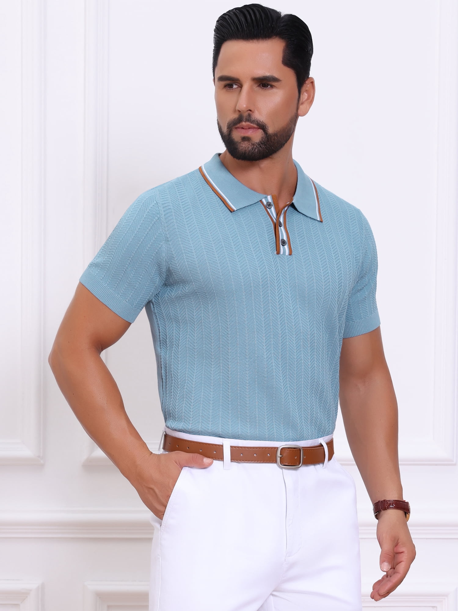 DARING DIVA Men's Knitted Ribbed Hem Short Sleeve Textured Golf Shirts S Light Blue