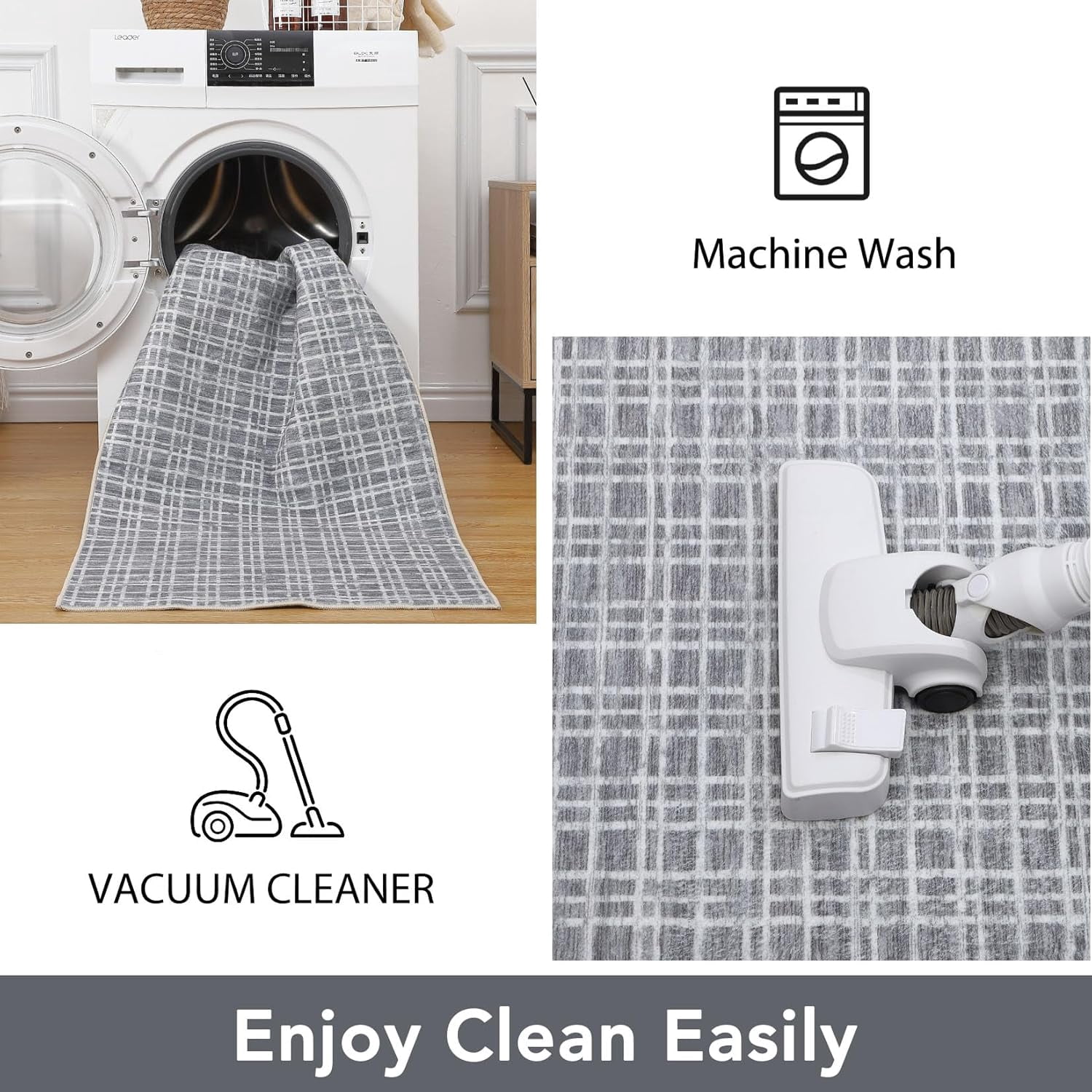 Memoryfield Washable Checkered Area Rugs 5' x 7', Throw Carpet for Bedroom Living Room Entrance Laundry Bathroom Plaid Modern Farmhouse Rug, Dark Gray