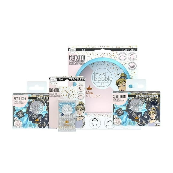 Invisibobble Disney Princess Cinderella Hair Accessories Bundle, 10-Piece Set - HairHalo Adjustable Headband, No-Ouch Coil Traceless Hair Ties, Sprunchie Spiral Hair Ring Scrunchie Stylish Bracelet