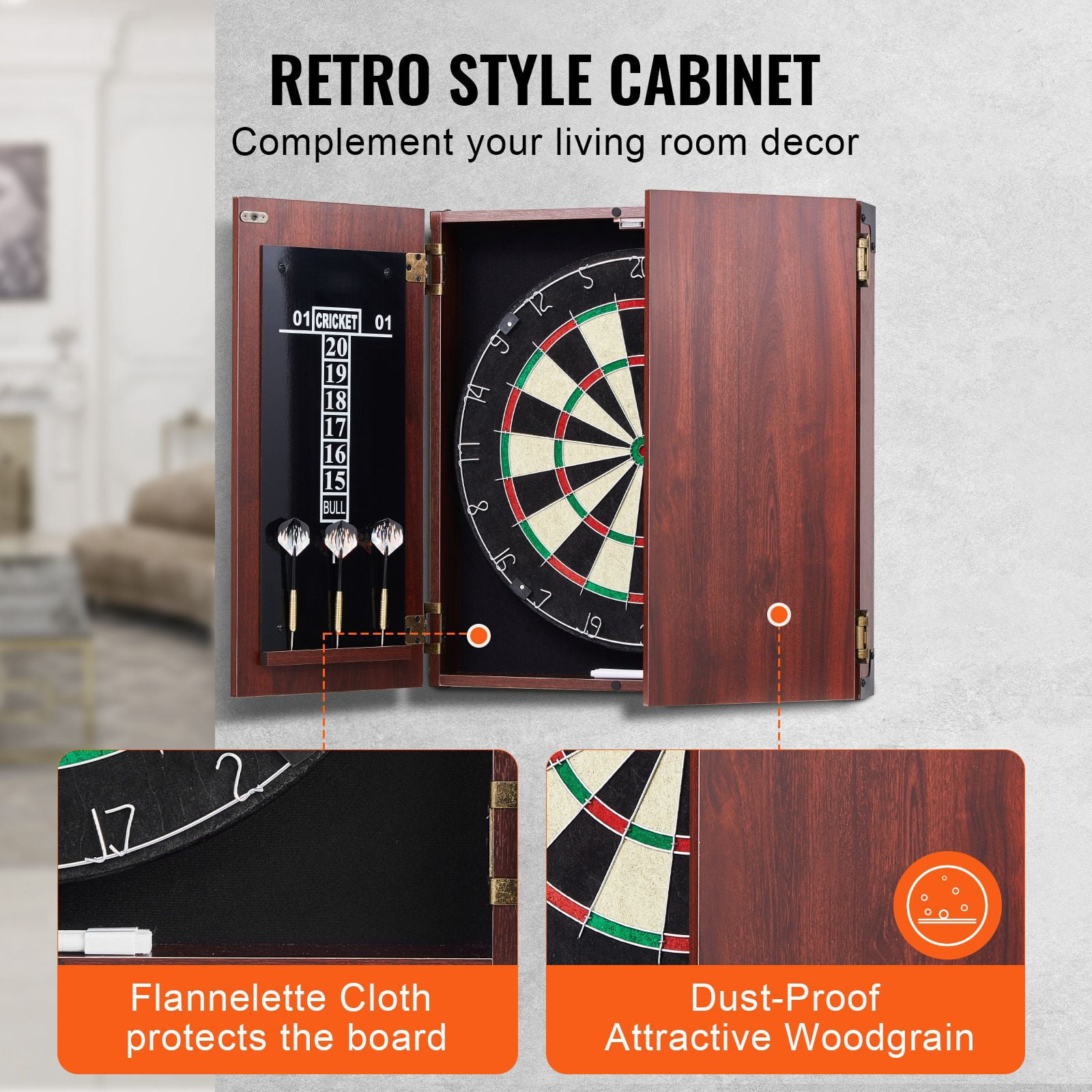Dartboard Cabinet Set Steel Tip, Official Size Dart Board with Accessories - Home Game, Family Fun, Retro Wood Cabinet