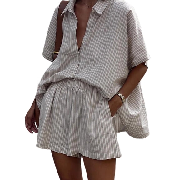Women'S 2 Piece Summer Outfits Striped Short Sleeve Button Down Shirt and Shorts Matching Set