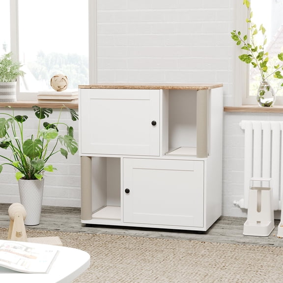 Double Cat Litter Box Enclosure for 2 Cats – Hidden Wooden Litter Box Cabinet – Space-Saving 2-Tier Design – Built-In Marking Posts – Multi-Functional Cat House End Table
