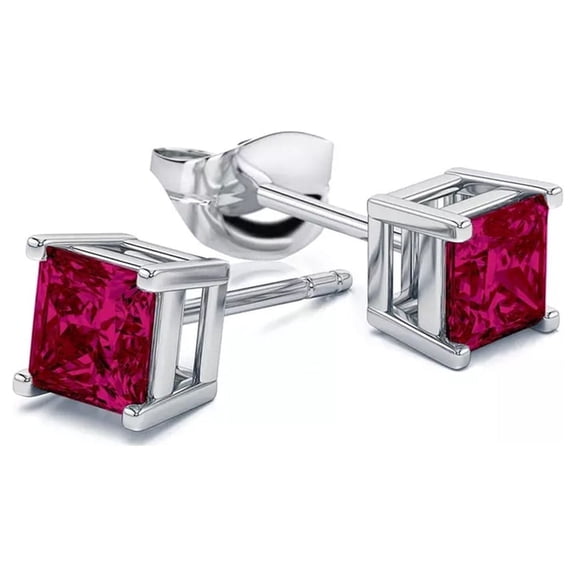 14k Sterling Silver 4 Ct Princess Cut Ruby Stud Earrings, Plated by Paris Jewelry