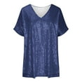thumbnail image 5 of Olyvenn Plus Size Sequin Tops for Women Elegant Evening Sparkle Sequin Dressy Flowy Shirts V Neck Short Sleeve Loose Blouse Navy L, 5 of 5
