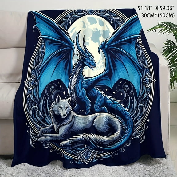 Cozy Dragon & Wolf Flannel Throw Blanket Soft Lightweight Knit with Vibrant Digital Print Machine Washable All-Season Comfort Perfect Gift for Fantasy Fans Modern Style Easy Care