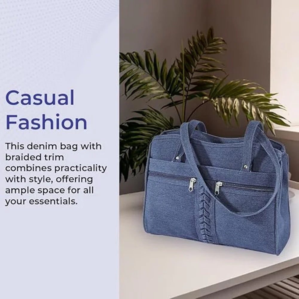 Braided Trim Denim Bag, Soft Jean Handbag for Women, Casual Purse with Multiple Pockets, Crossbody Shoulder Strap, Two Top Handles