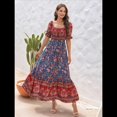 thumbnail image 4 of Vestido Informal, Fluido, con Estampado Floral Bohemio, Hombros Descubiertos, para Mujer (Verano 2025) Fondo Azul S, 4 of 10