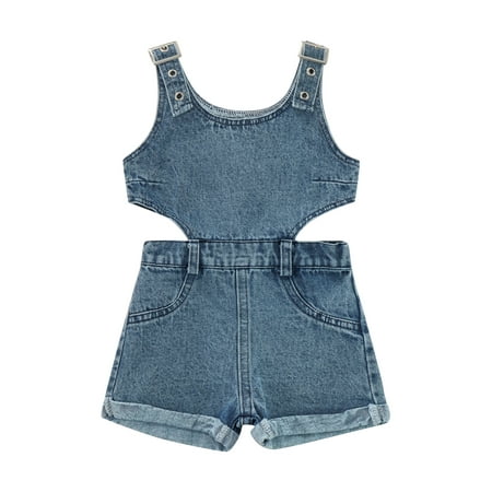 

Calsunbaby Toddlers Kids Girl Summer Denim Playsuit Infants Solid Color Square Neck Sleeveless Hollow Out Romper Streetwear