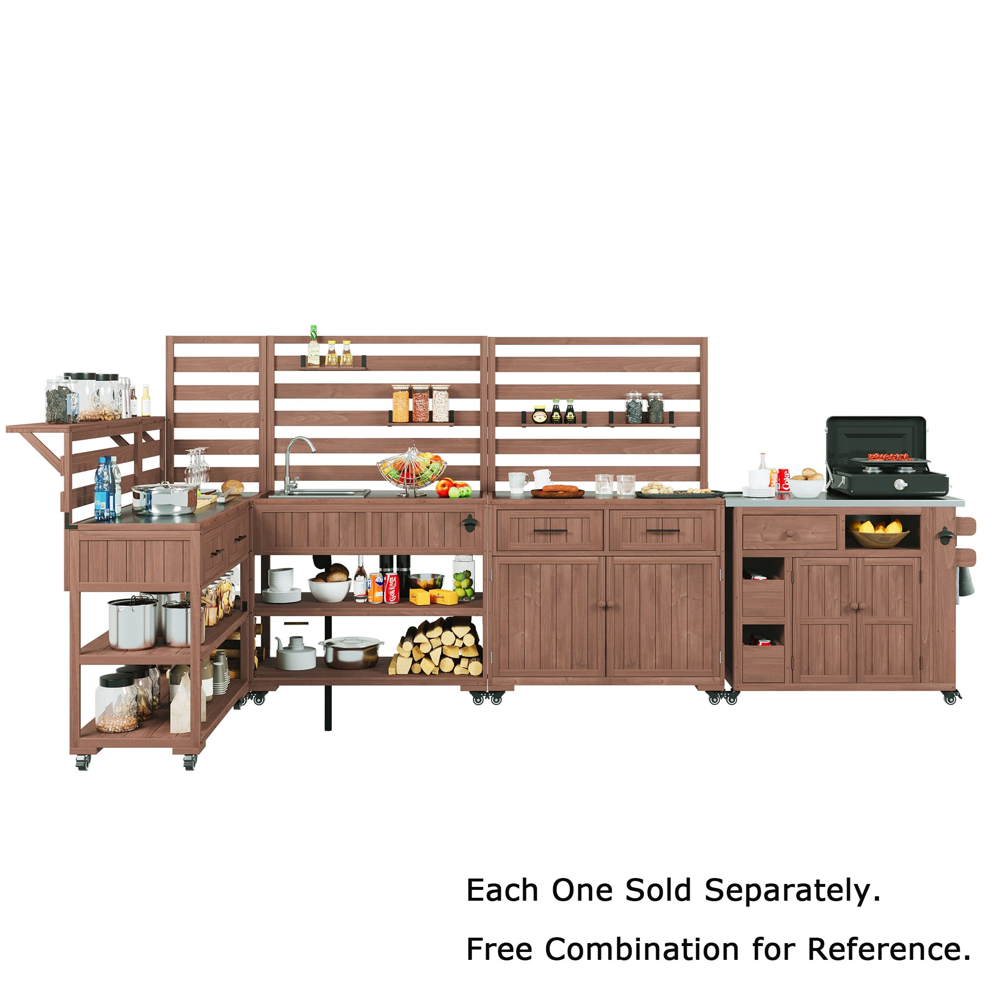 Mintazer 28" Extendable Outdoor Kitchen Island Cart with Stainless Steel Top & Side Spice Rack, Rolling Kitchen Island with Drawers & Storage, Brown