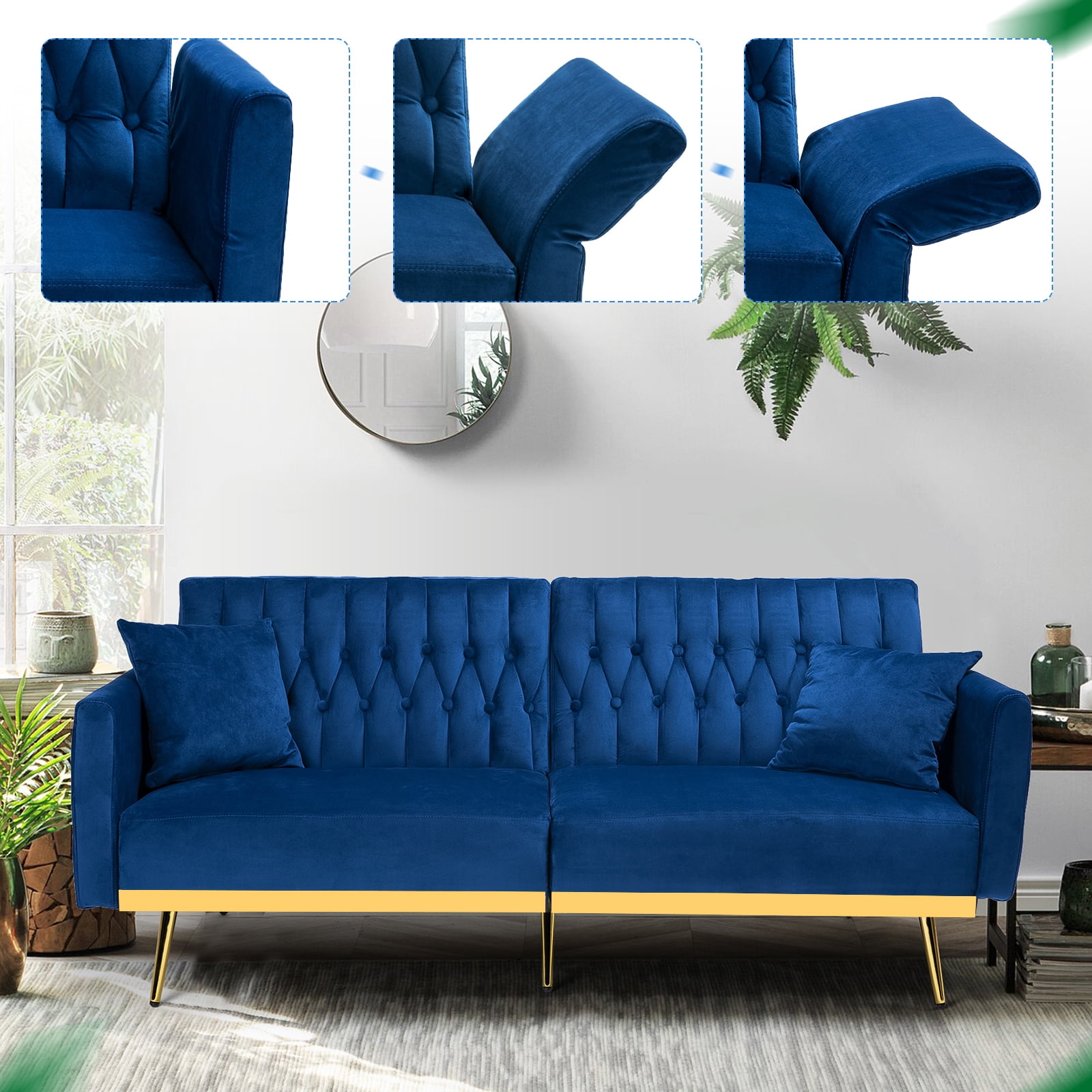 ACMEASE 70” Velvet Futon Sofa Bed with Adjustable Armrests and 2 Pillows, Convertible Futon Couch, Blue