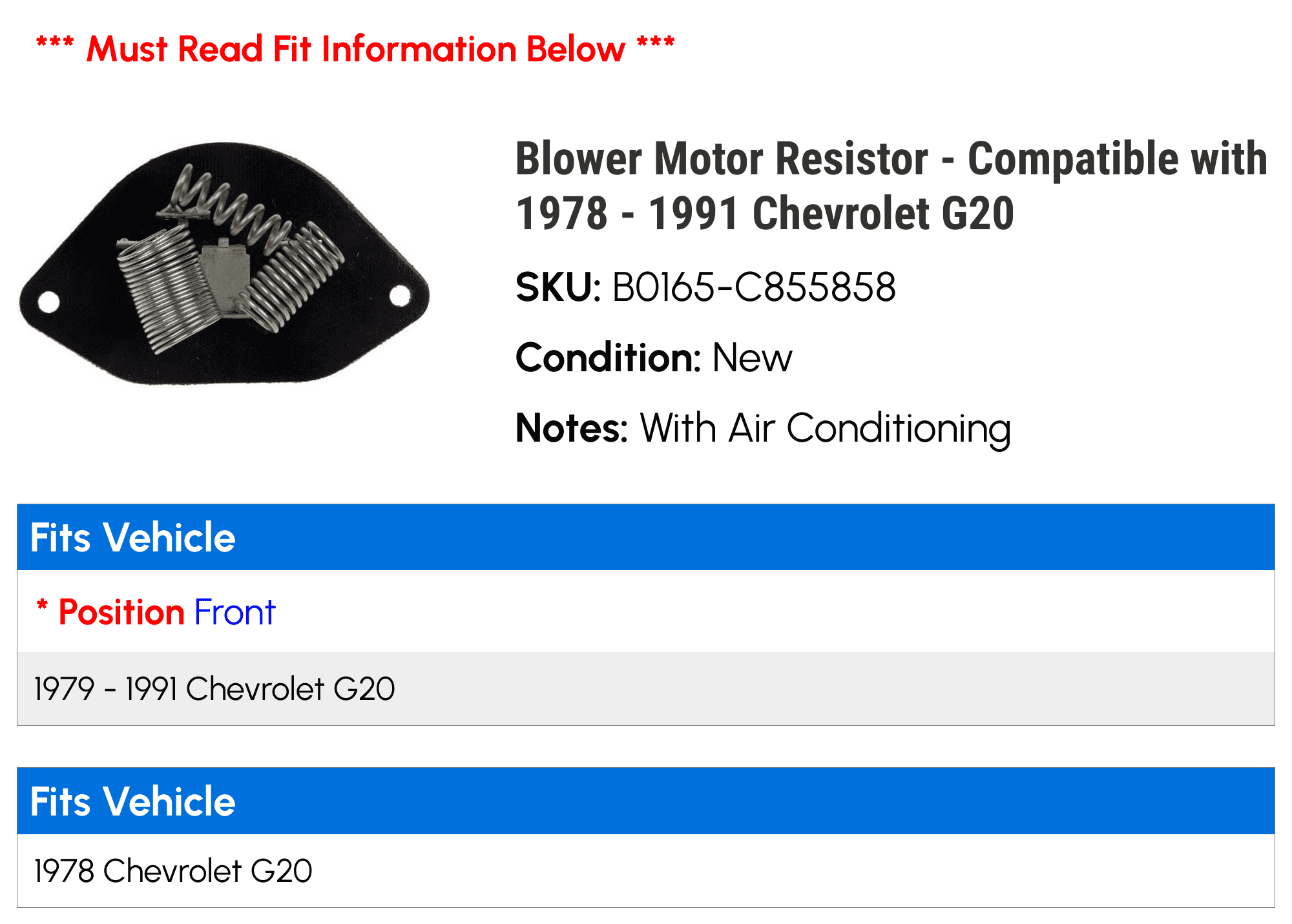 Blower Motor Resistor - Compatible with 1978 - 1991 Chevy G20 1979 1980 1981 1982 1983 1984 1985 1986 1987 1988 1989 1990