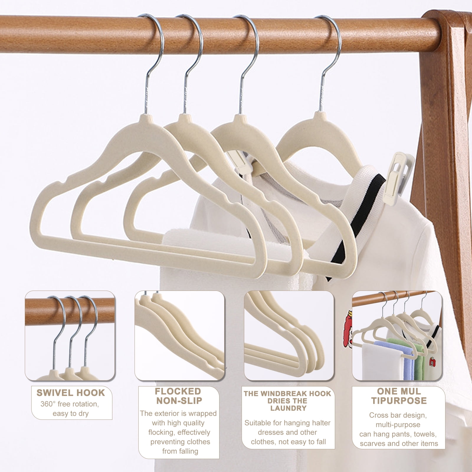 GIRACOA Baby Velvet Hangers(11inch - 50 Pcs), Premium Non Slip Kids Felt Hangers for Clothes for Toddler Kids' Closet with 10 Velvet Hanger Clips - Beige