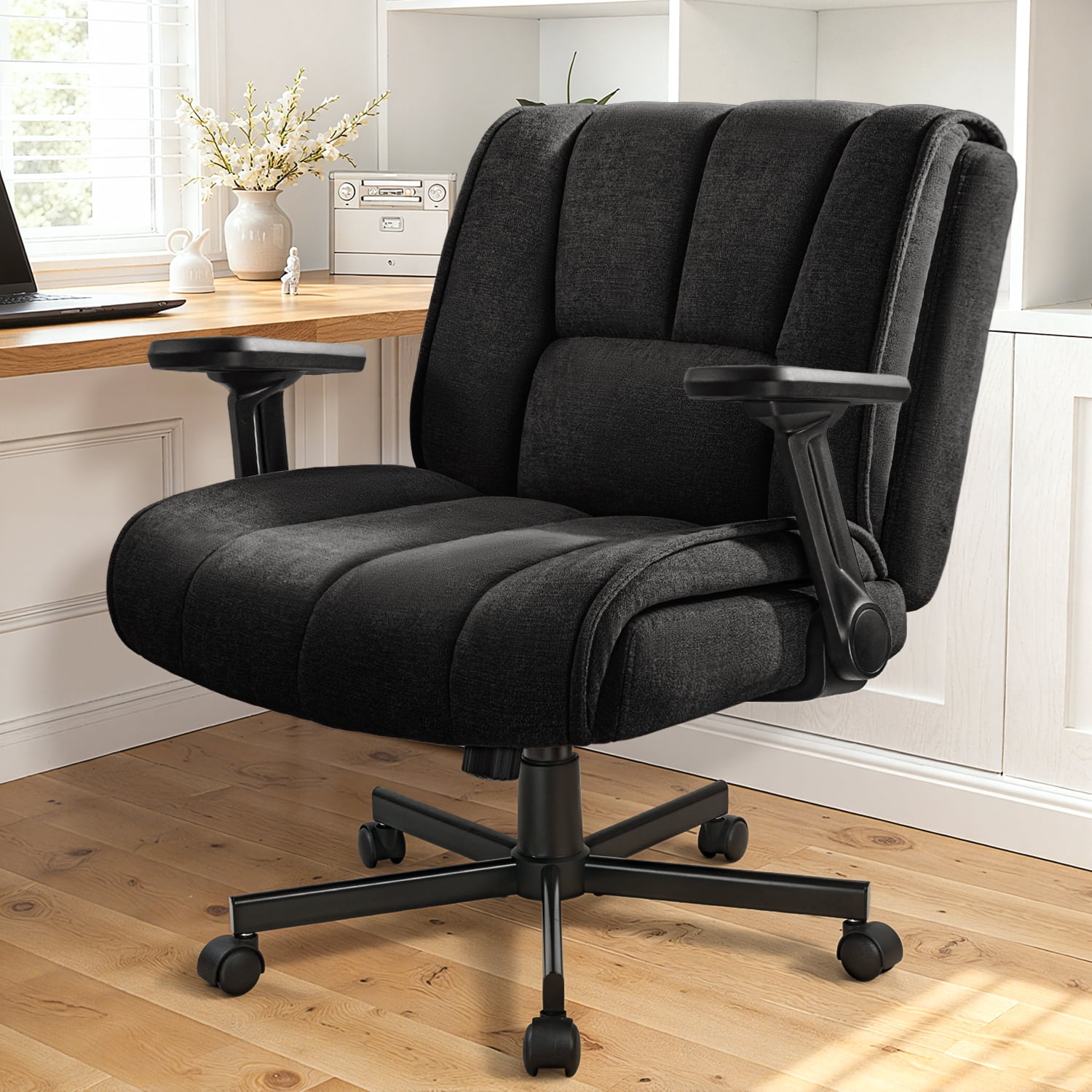 BOSSIN Criss Cross Chair with Wheels,Cross Legged Office Chair,Wide Criss Cross Chair with Flip-Up Arms & Extra-Deep Seat Thickened for Office Chair,Plush Cushion,Cute,Comfy,Black