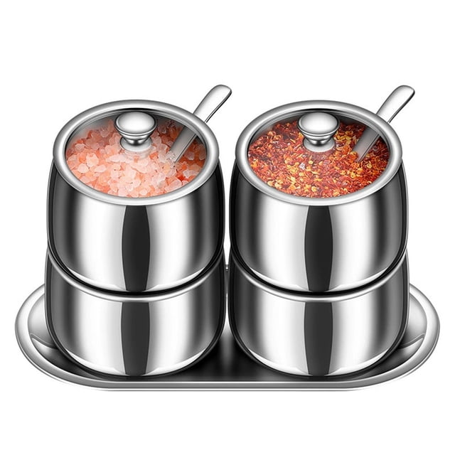 4 Grids 304 Stainless Steel Seasoning Containers Set with Lid Spoon and Tray