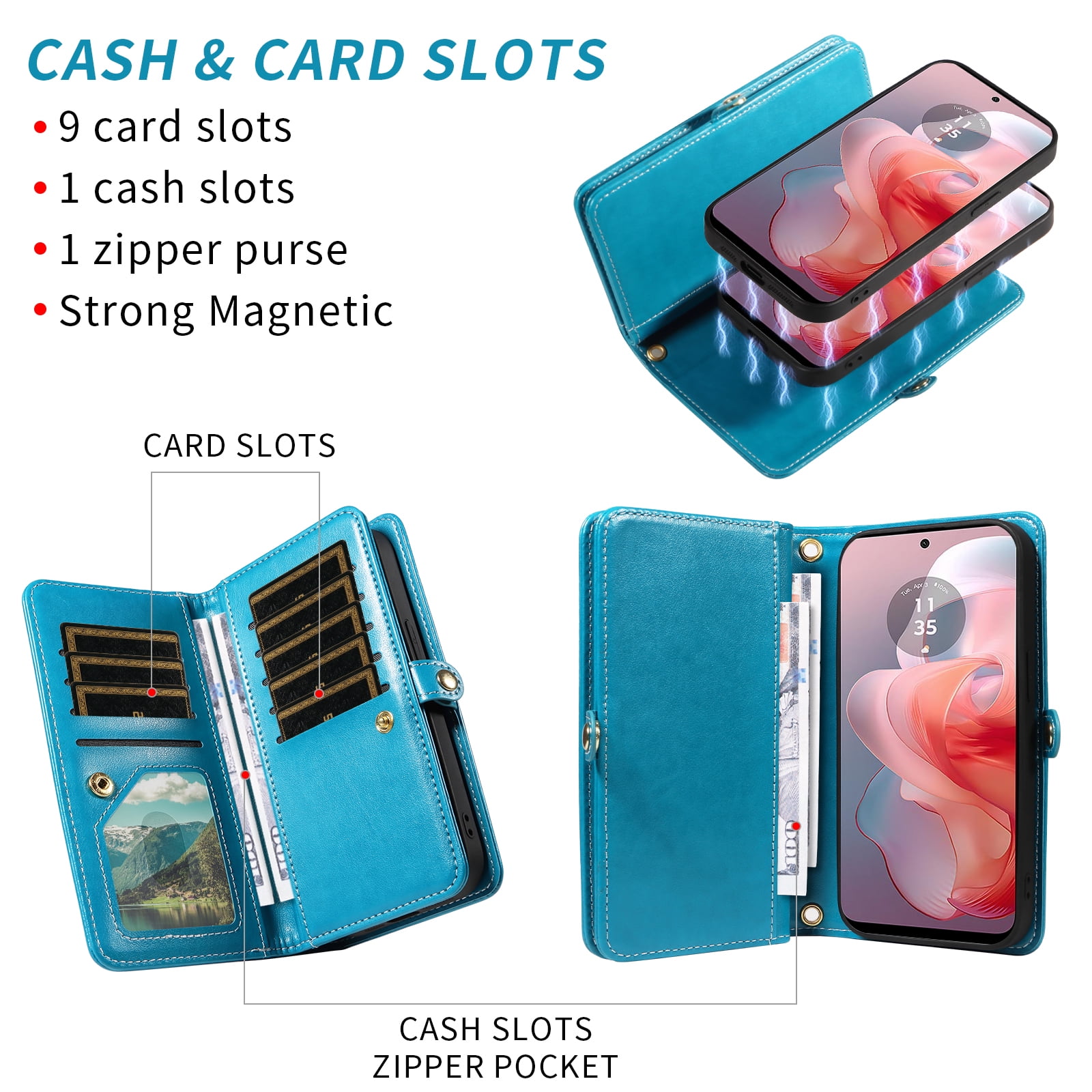 Asuwish Detachable Magnetic Zipper Wallet Phone Case with Flower Pattern and Screen Protector for Motorola Moto G Power 5G 2024, Blue