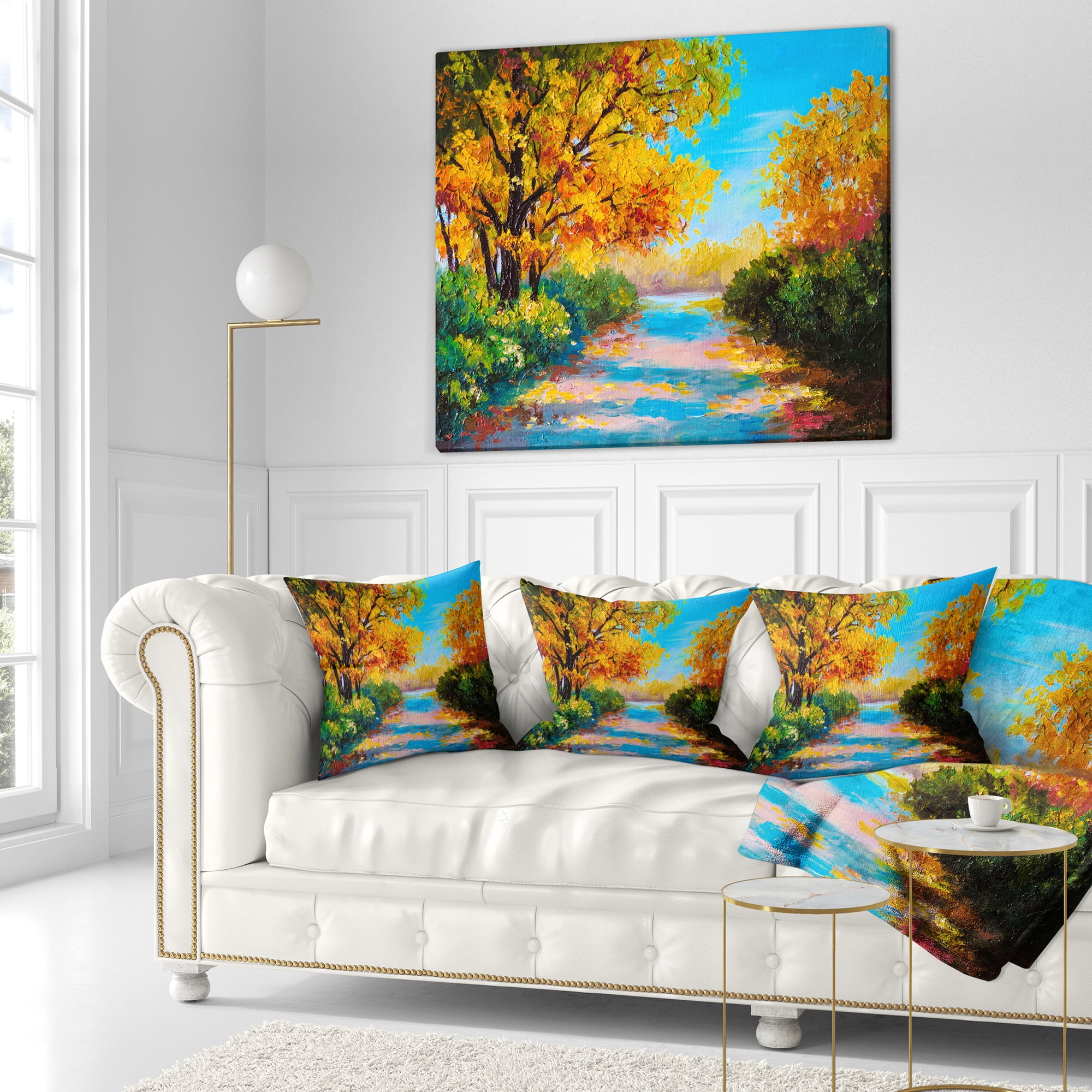 Designart Autumn Forest with Colorful River - Landscape Printed Throw Pillow - 18x18