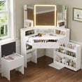 thumbnail image 3 of Corner Vanity Desk Set with Tri-Fold Mirror and Lights,with Storage Stool, Makeup Vanities with Drawers &Charging Station, 3 Light Settings,Home&nbsp;Furniture for Girls Bedroom Decor,White Dresser, 3 of 7