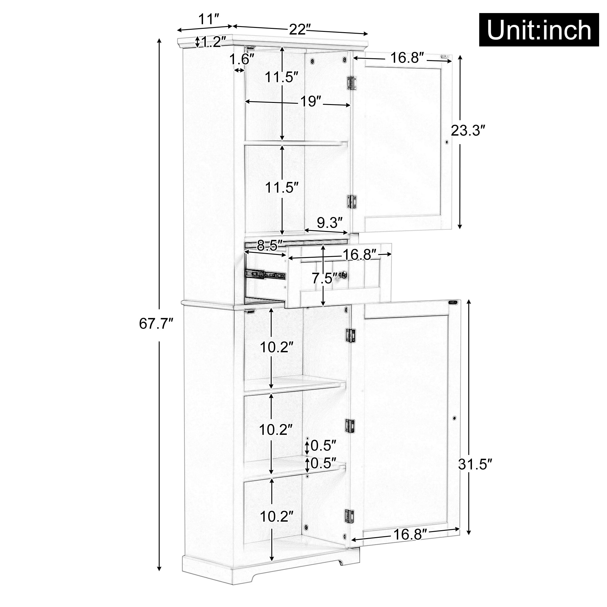 Euroco Tall Bathroom Storage Cabinet, Freestanding Storage Cabinet with Drawer and Adjustable Shelf, MDF Board with Painted Finish, White