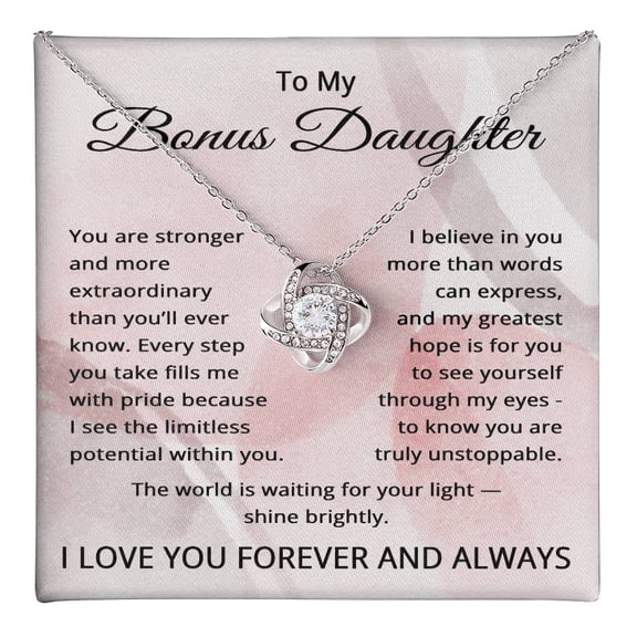 To My Bonus Daughter Necklace Title: 14K White Gold Finish, Box Choice: Standard Box