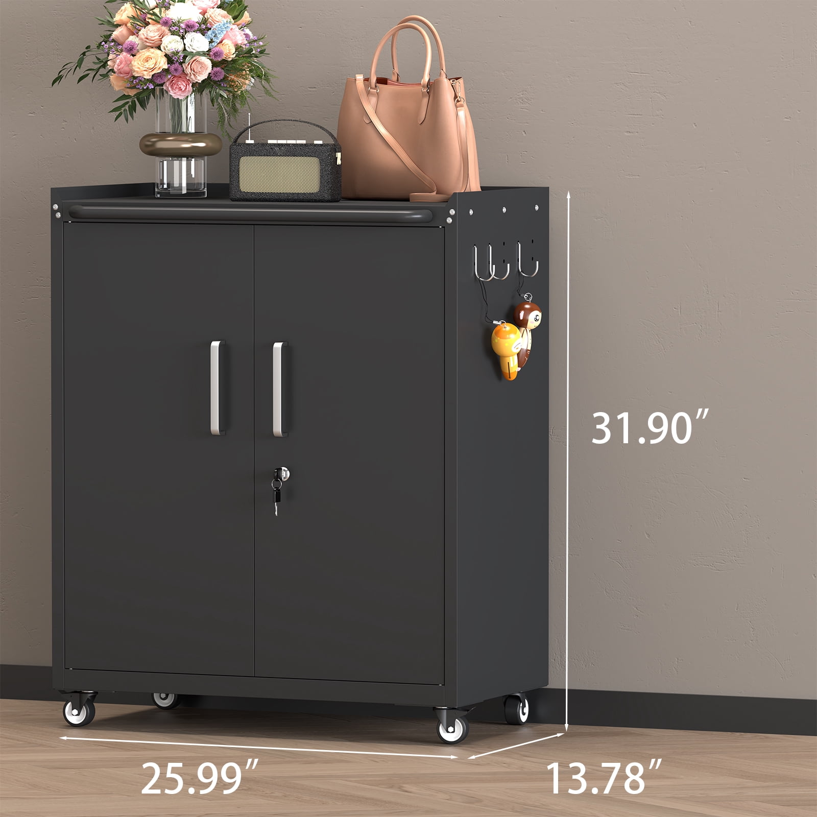Heavy-Duty Steel Storage Cabinet with 360° Casters, Lockable Double Doors, Adjustable Shelf, Side Hooks, Moisture-Proof for Garage Kitchen Office