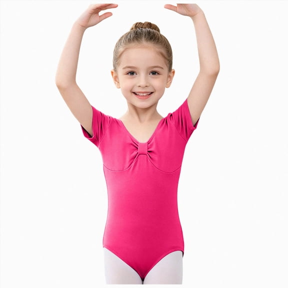 Girls Short Sleeve Dance Leotard with Front Bow Detail,Cute Ballet Bodysuit
