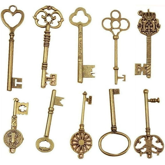 Mixed 10 Skeleton Keys Antique Bronze Finish Skeleton Keys Extra Large Vintage Skeleton Keys for Birthday Party Wedding Decoration DIY Crafts Favors C