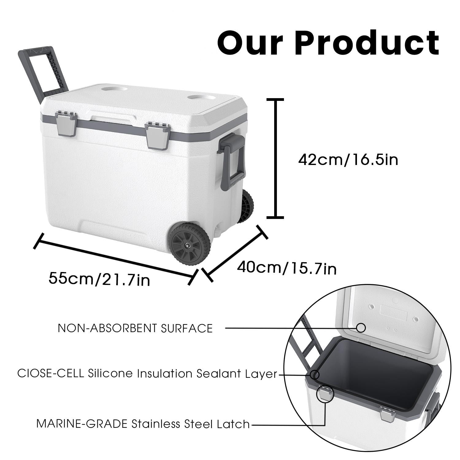 48QT Portable Cooler with Handle, Wheeled Insulated Hard Sided Cooler Ice Chest Box for Outdoors,Camping,Travel,Car