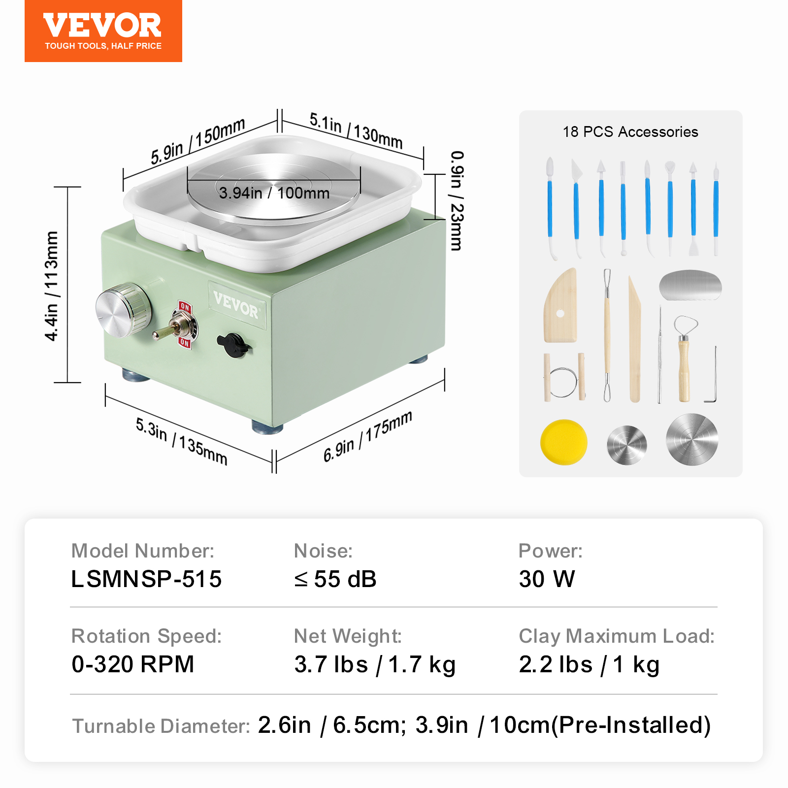 VEVOR Mini Pottery Wheel, 0-320RPM Adjustable Speed Detachable Basin Forming Machine, 2.56in/3.94in 2 Turntables Electric Ceramic Wheel Machine, 18pcs Accessories, for Art Craft Work Home DIY, Green