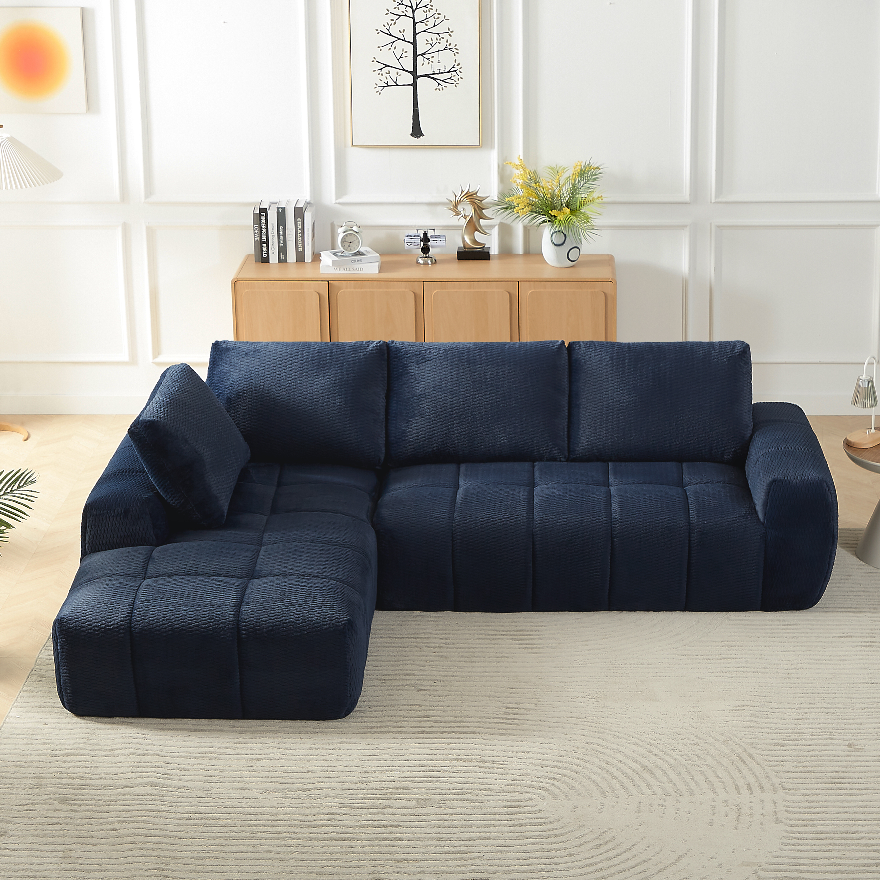 MAYEERTY Faux Fur L-Shape Oversized Sectional Sofa, Minimalist & Comfy Sleeper Couch for Living Room, 111×76" Blue