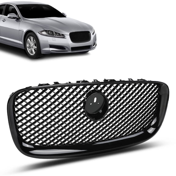 CROSSDESIGN Upper Front Mesh Grille W/Emblem Compatible with Jaguar XF XFR 2012-2015 Glossy Black