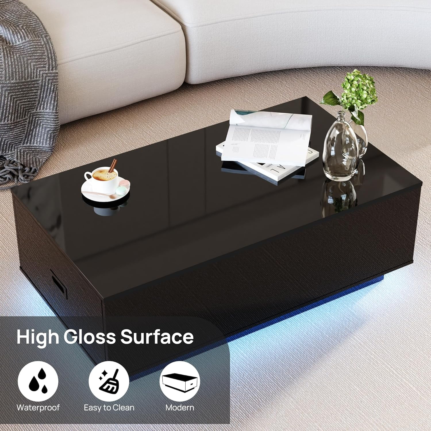 DIYART Black High Glossy Coffee Table, led Coffee Table with 2 Drawers, Modern Coffee Table for Living Room, Coffee Table with LED