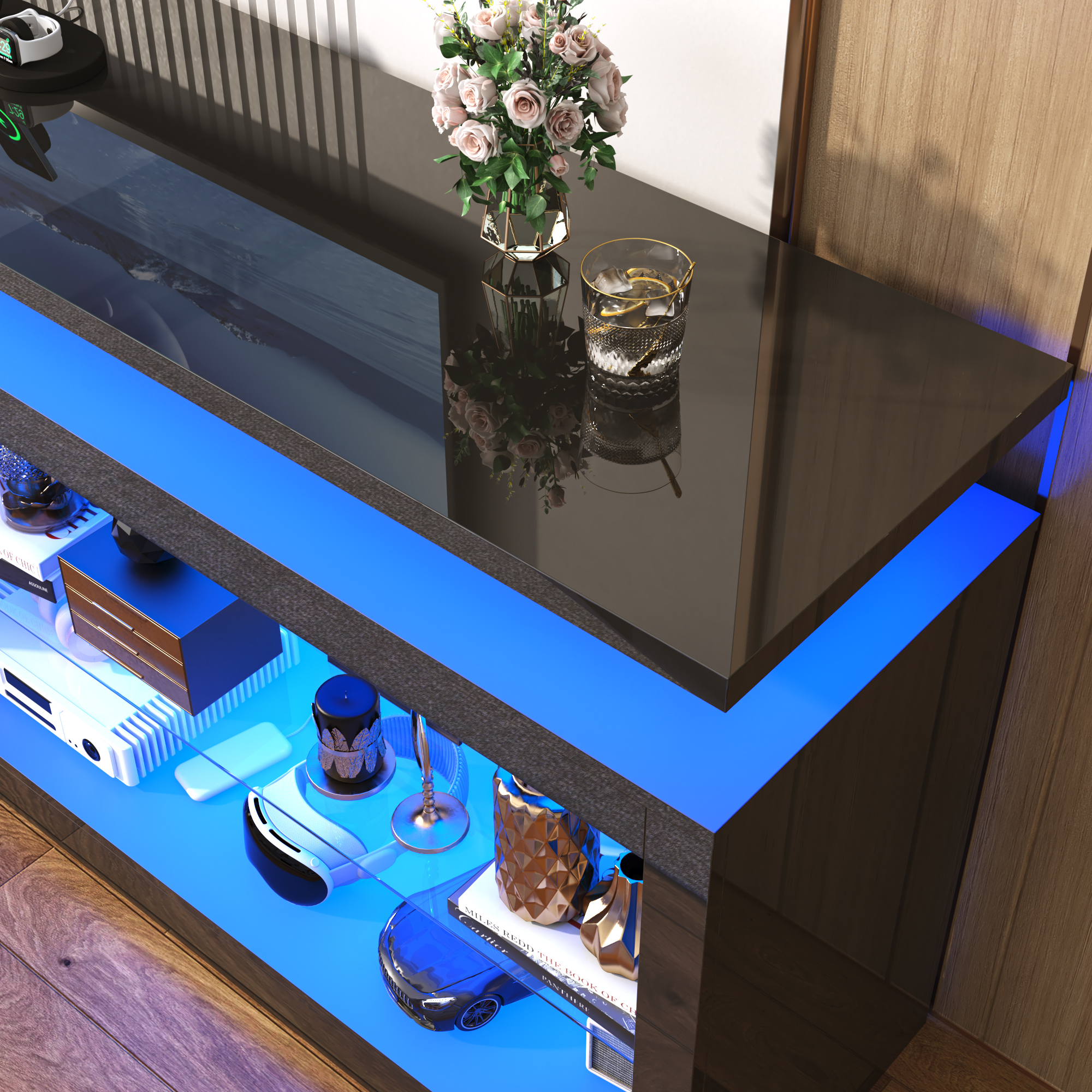 Chvans Modern LED TV Stand for TVs up to 115", High Gloss Black photo 4