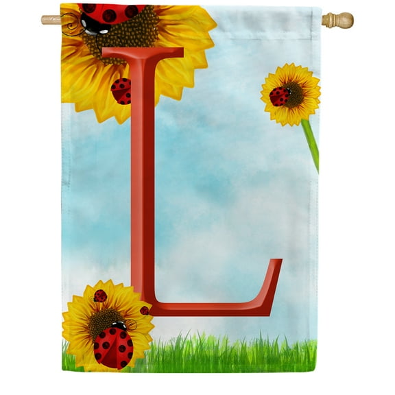 America Forever Summer Sunflower Ladybugs Monogram House Flag Letter L 28 x 40 inches Yellow Floral Spring Double Sided Vertical Outdoor Yard Lawn Decorative Yellow Hello Sunshine House Flag
