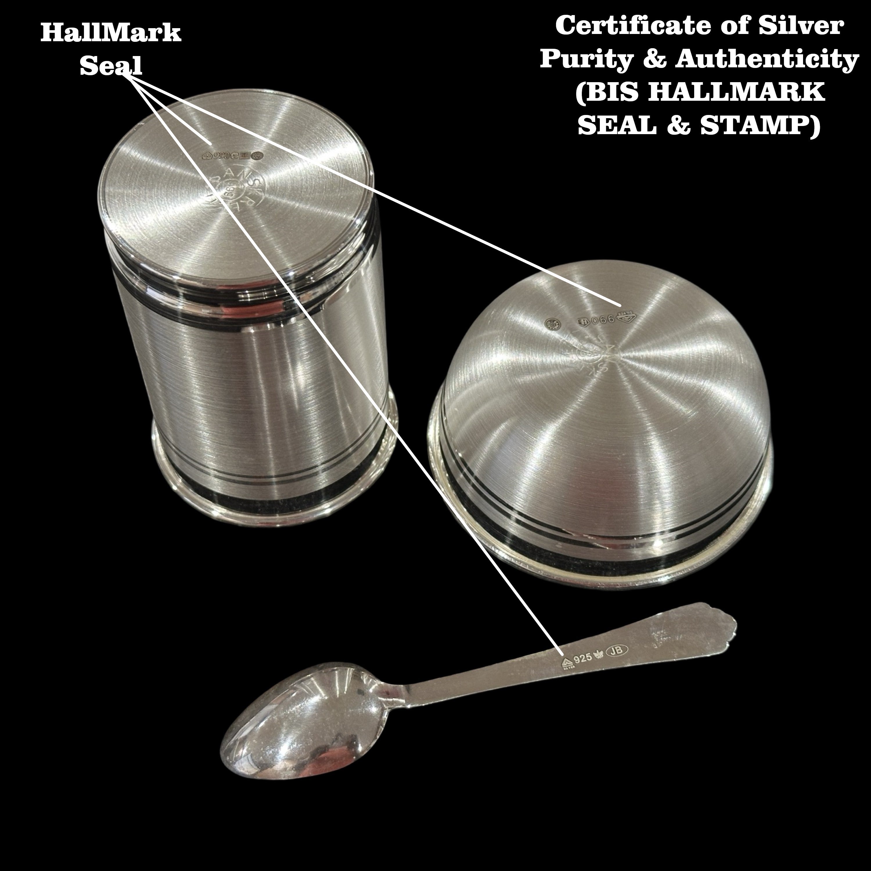 999 Pure Silver Hallmarked 150ml Glass, 120ml Bowl & Spoon Set for