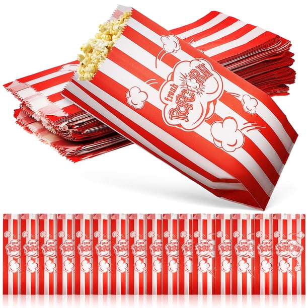 100 bolsas de papel para palomitas de maíz con estampado de rayas y letras. Ideales para dulces y palomitas de maíz.