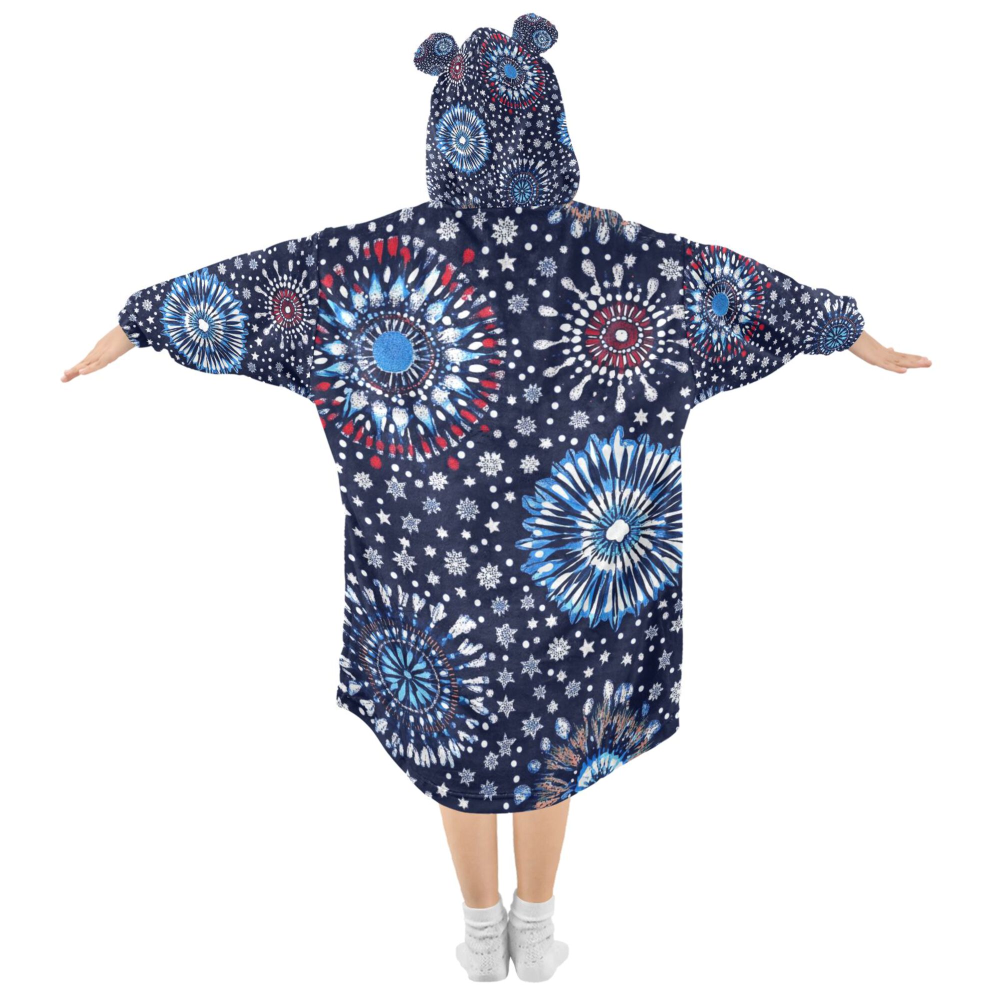 FORMRS Wearable Blanket Hoodie with Sleeves for Kids Cozy Flannel Sweatshirt, Blue Fireworks Pattern