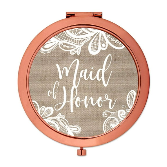 Koyal Wholesale Compact Mirror Maid of Honor Wedding Gift, Rose Gold, Burlap Lace, 1-Pack