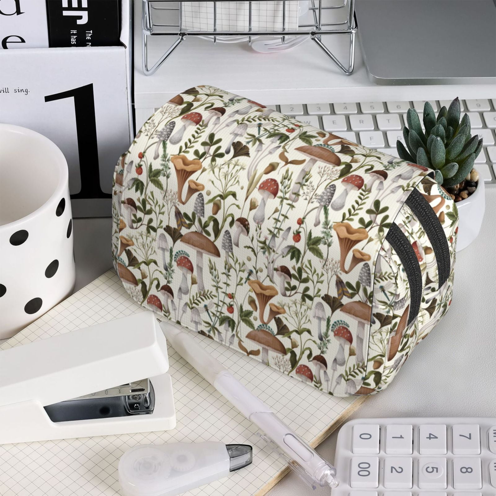 Rateoe Mushroom Garnish Pattern Double Clamshell Pen Case, Storage Organizer with Two Zipper Compartments– Holds Up to 50 Pencils & Pens
