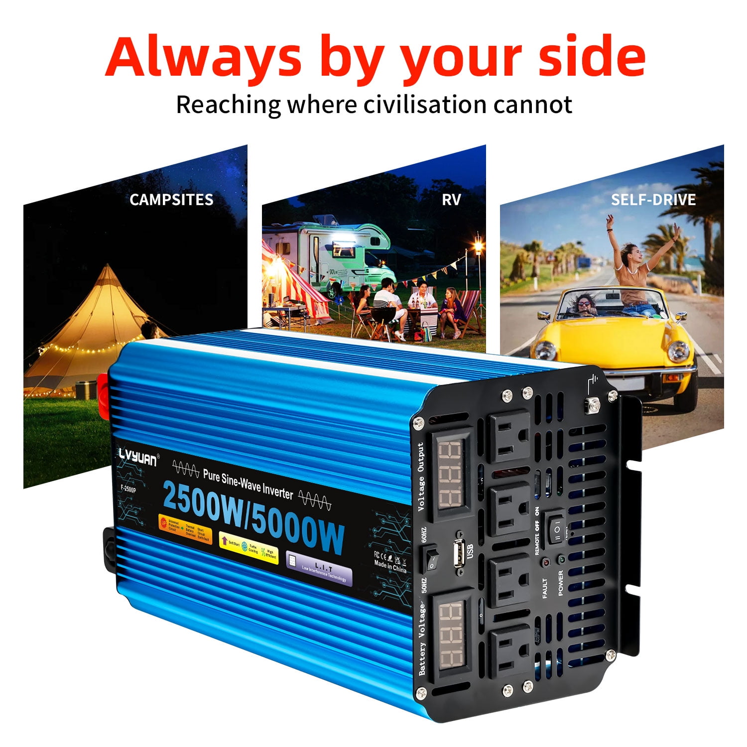 LVYUAN 2500W 5000W Peak Pure Sine Wave Power Inverter 12V DC to 110V AC Converter, 60Hz/50Hz, 4 AC Outlets + USB, LED Display, Remote Control for Car, RV, Camping & Home Backup