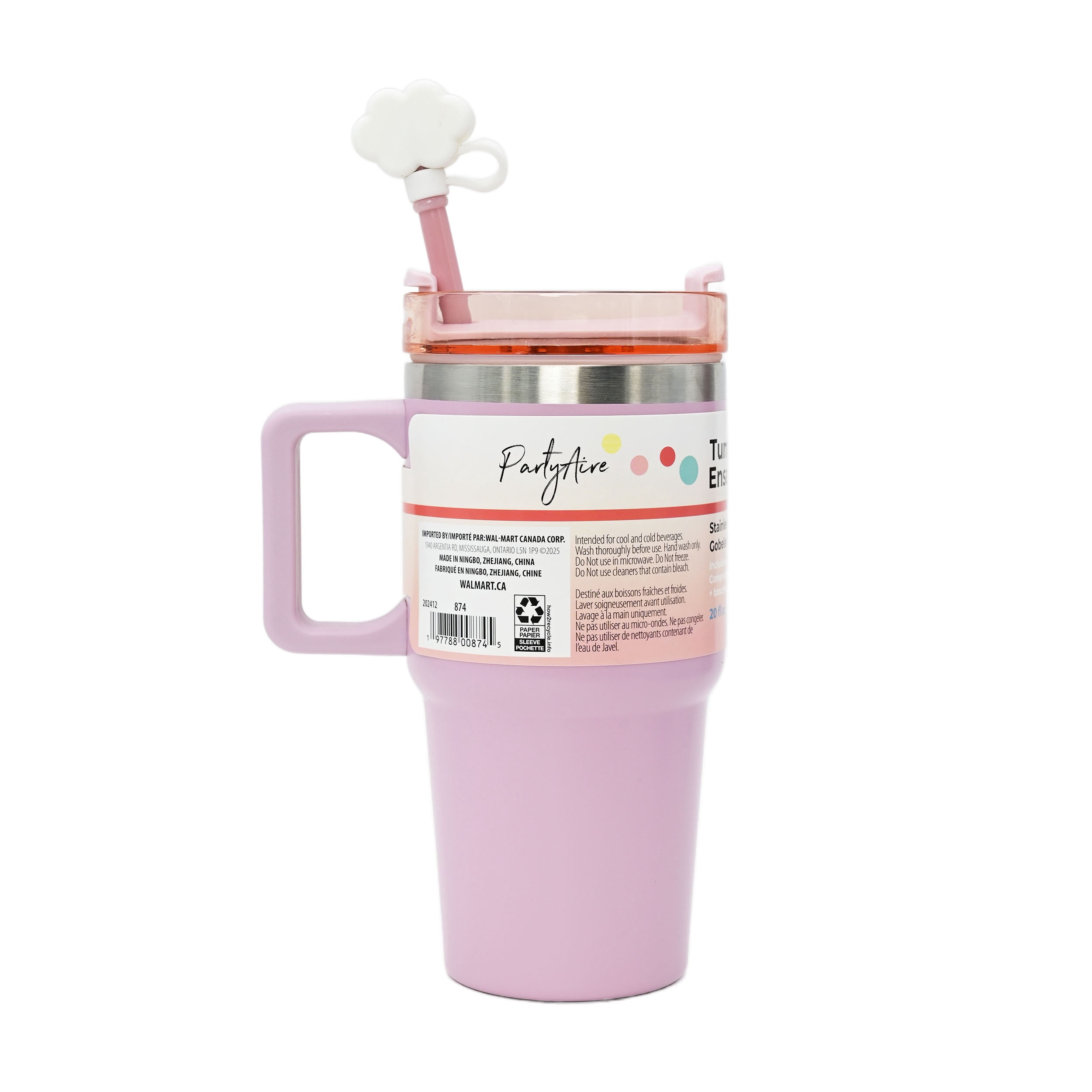 Gobelet pour enfants en acier inoxydable rose avec paille, couvre-paille nuage et 6 amovible Smiley autocollants, 20 oz