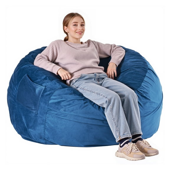 KFFKFF Bean Bag Seat, Circular Lounger with Detachable and Cleanable Cover for Grown-ups, Plush Velvet and Dense Foam Stuffed Adult Lounger with Grip and Side Compartment for Lounge, Boudoir, Azure