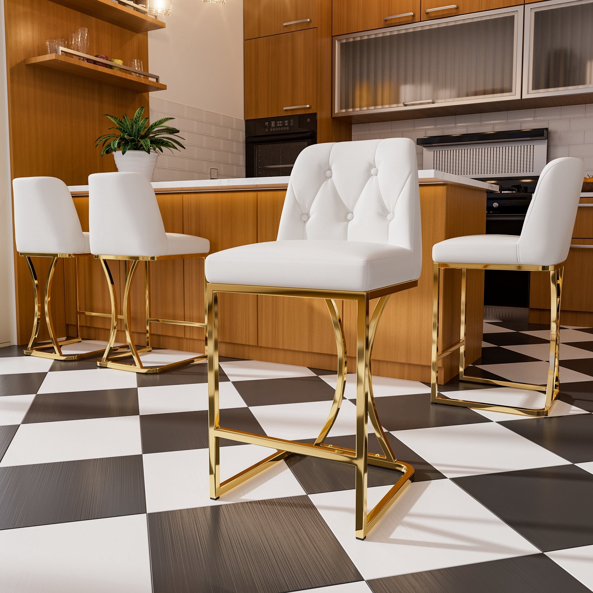 Ninecer 24" Counter Height Bar Stools Set of 4, PU Leather Counter Stool Chairs with Full Back for Kitchen Island, Beige & Gold