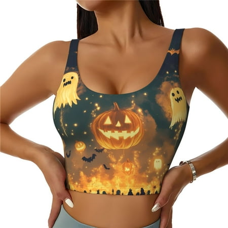 Sports Bras for Women High Support  Halloween Pumpkin Ghost Flying (2) Workout Tank Tops Woman  Yoga Bra with Removable Cups
